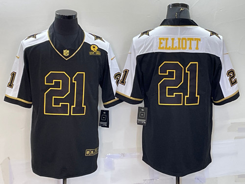 Men's Dallas Cowboys #21 Ezekiel Elliott Black Gold Thanksgiving With Patch Stitched Jersey